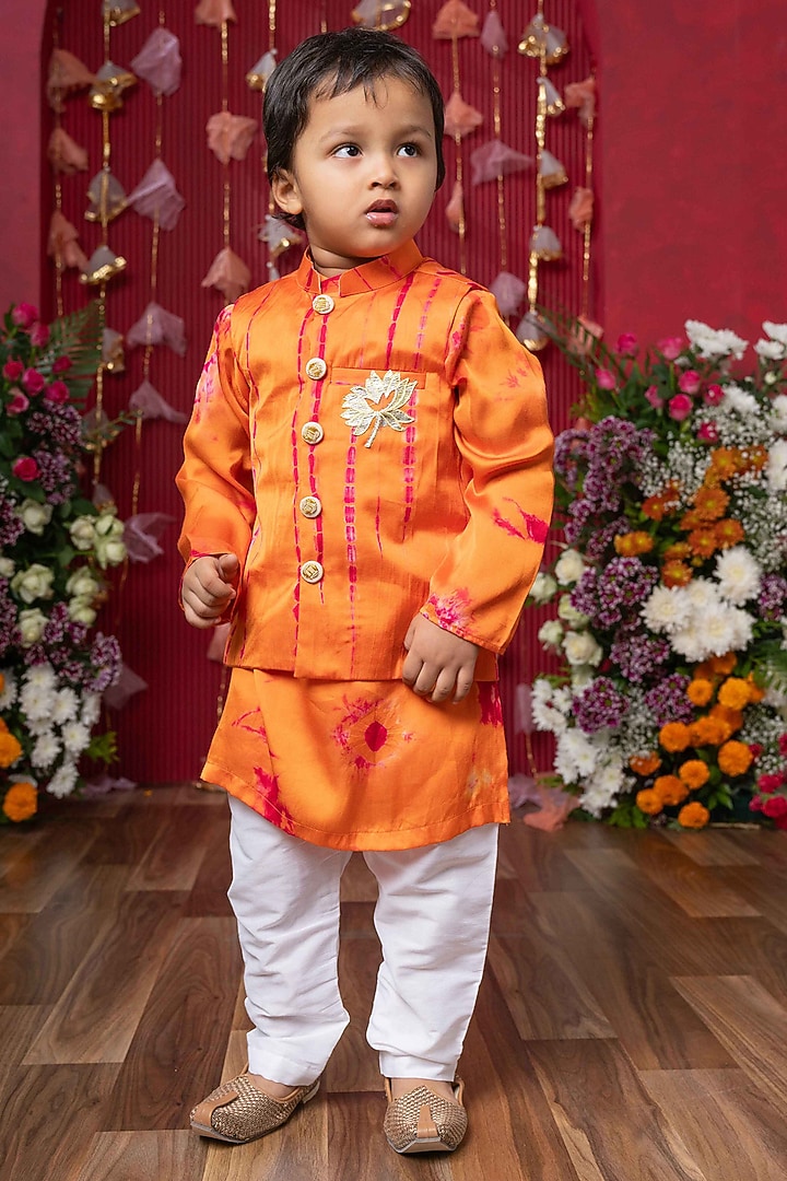 Orange Modal Satin Tie-Dye Nehru Jacket Set For Boys by Kirti Agarwal Pret n Couture at Pernia's Pop Up Shop