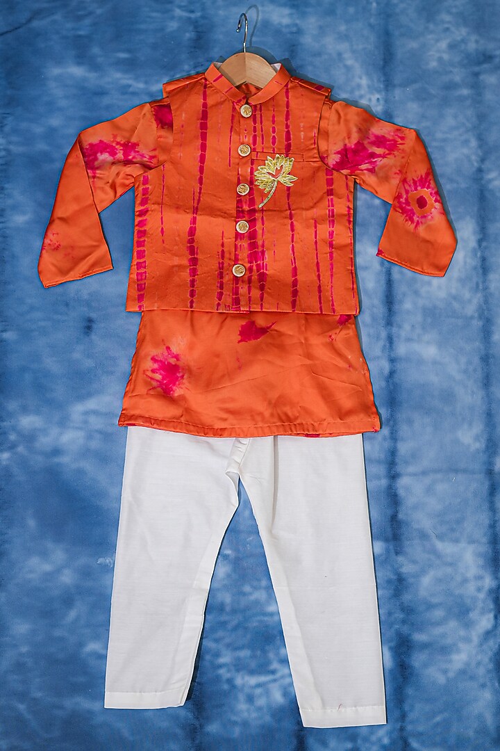 Orange Modal Satin Tie-Dye Nehru Jacket Set For Boys by Kirti Agarwal Pret n Couture at Pernia's Pop Up Shop