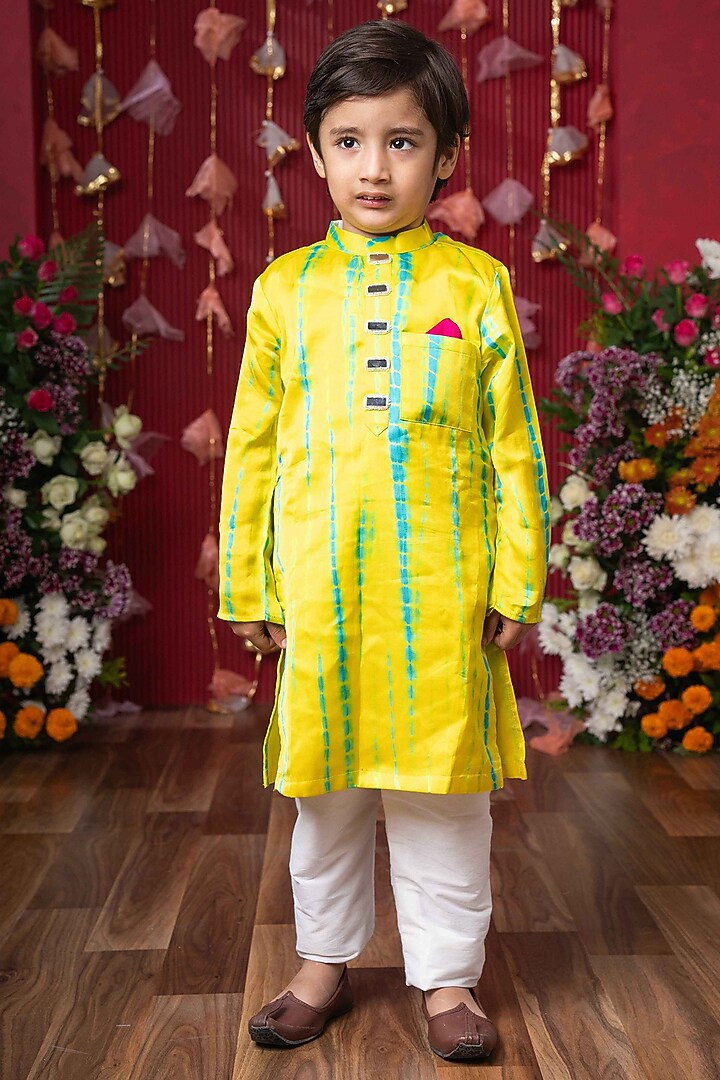 Bright Yellow Modal Satin Tie-Dyed Kurta Set For Boys by Kirti Agarwal Pret n Couture at Pernia's Pop Up Shop