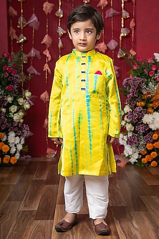 Bright Yellow Modal Satin Tie-Dyed Kurta Set For Boys by Kirti Agarwal Pret n Couture