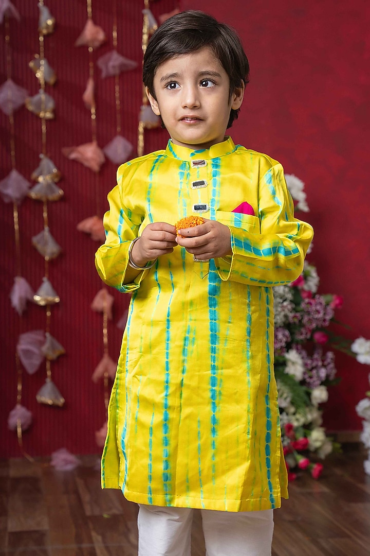 Bright Yellow Modal Satin Tie-Dyed Kurta Set For Boys by Kirti Agarwal Pret n Couture at Pernia's Pop Up Shop