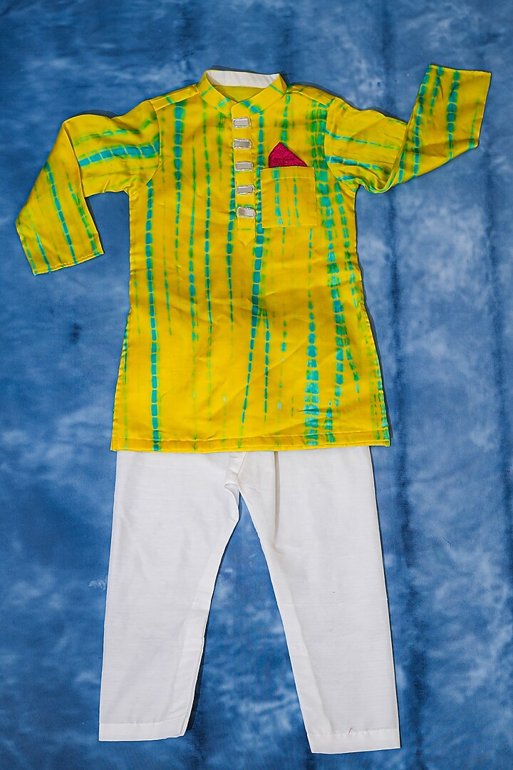 Bright Yellow Modal Satin Tie-Dyed Kurta Set For Boys by Kirti Agarwal Pret n Couture at Pernia's Pop Up Shop