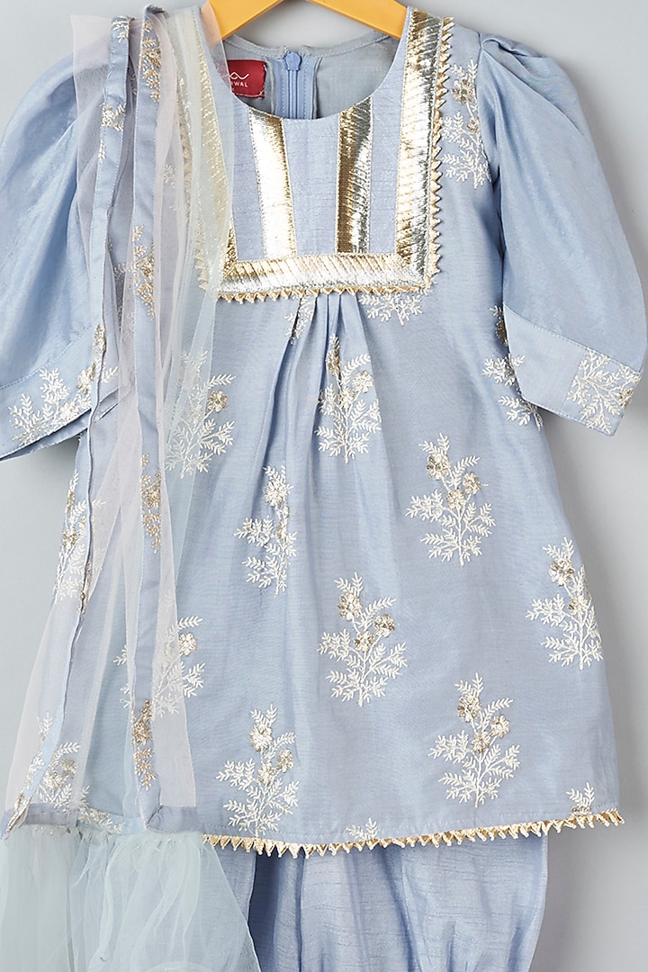 Light Blue Chanderi Embroidered Kurta Set For Girls by Kirti Agarwal Pret n Couture at Pernia's Pop Up Shop