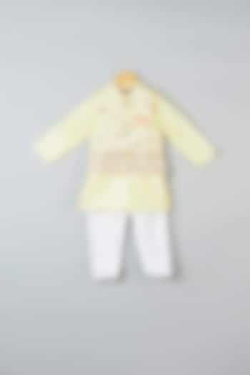Yellow Cotton Silk Kurta Set With Bundi Jacket For Boys by Kirti Agarwal Pret n Couture