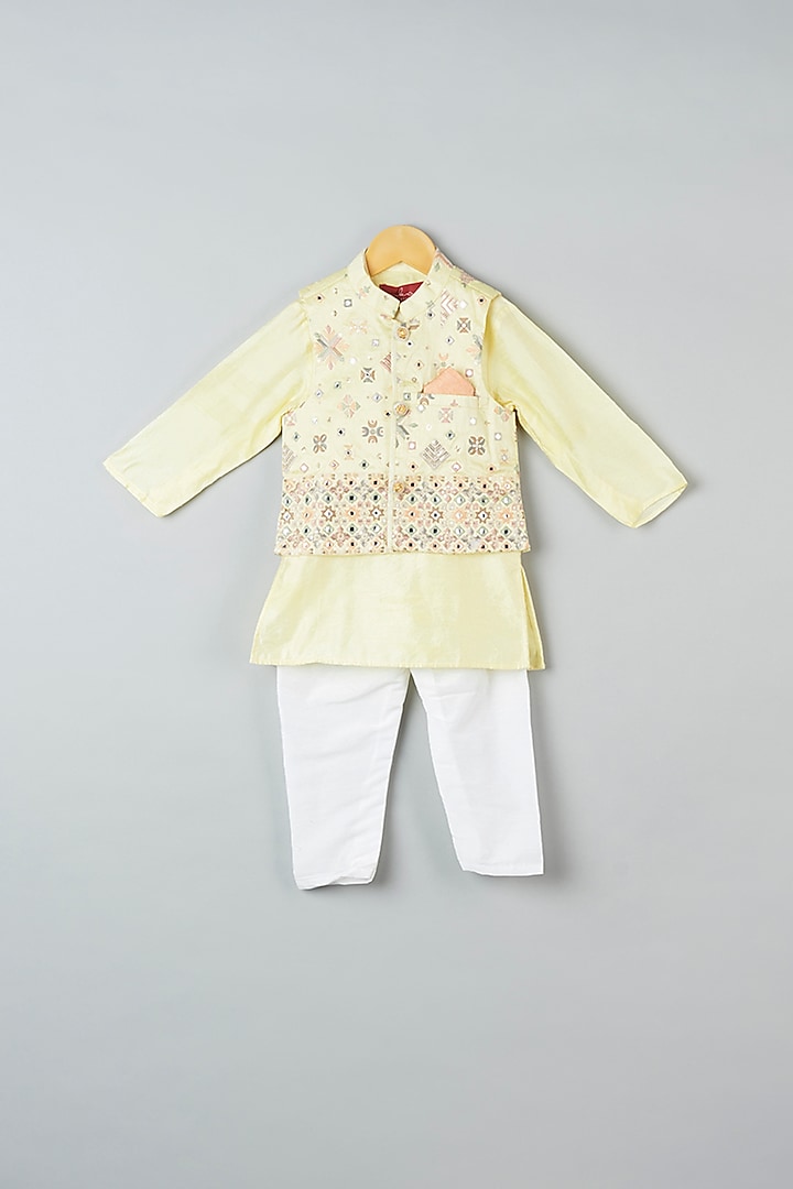 Yellow Cotton Silk Kurta Set With Bundi Jacket For Boys by Kirti Agarwal Pret n Couture