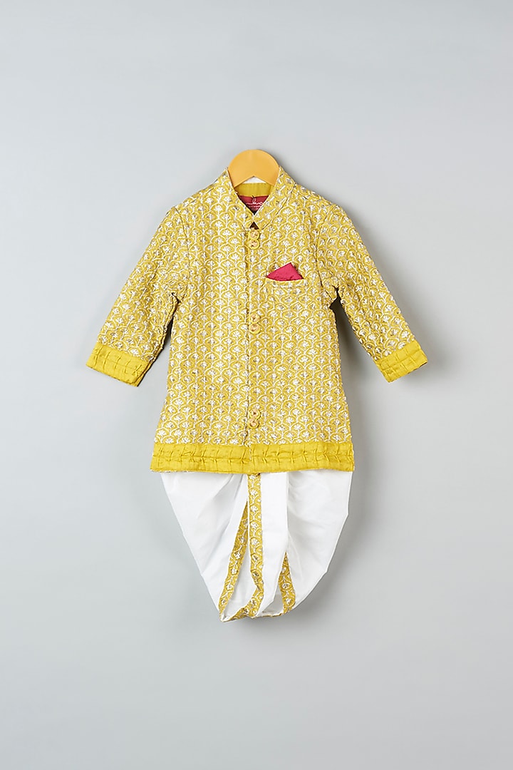 Yellow Embroidered Kurta Set For Boys by Kirti Agarwal Pret n Couture