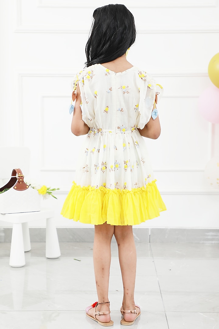 White & Yellow Cotton Embroidered Dress For Girls by Kirti Agarwal Pret n Couture at Pernia's Pop Up Shop