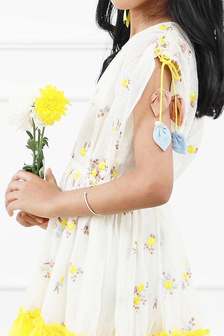 White & Yellow Cotton Embroidered Dress For Girls by Kirti Agarwal Pret n Couture at Pernia's Pop Up Shop