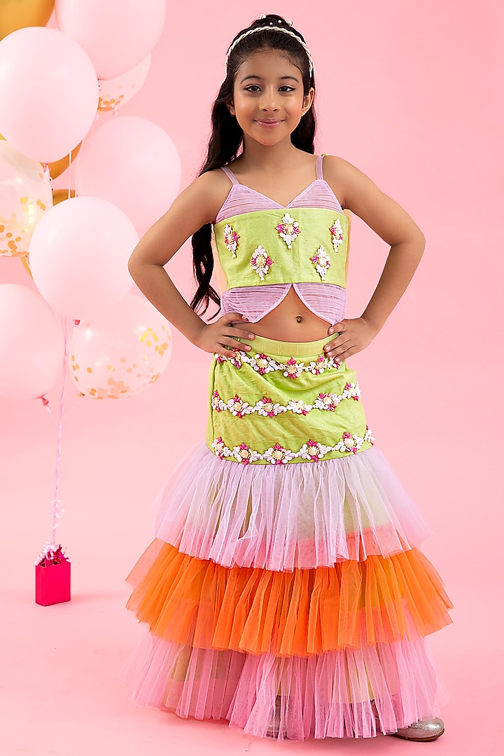 Pink & Green Art Silk & Net Embroidered Lehenga Set For Girls by Kirti Agarwal Pret n Couture at Pernia's Pop Up Shop