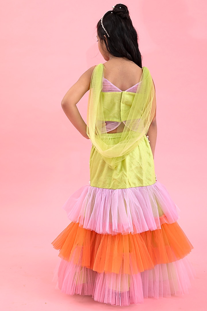 Pink & Green Art Silk & Net Embroidered Lehenga Set For Girls by Kirti Agarwal Pret n Couture at Pernia's Pop Up Shop