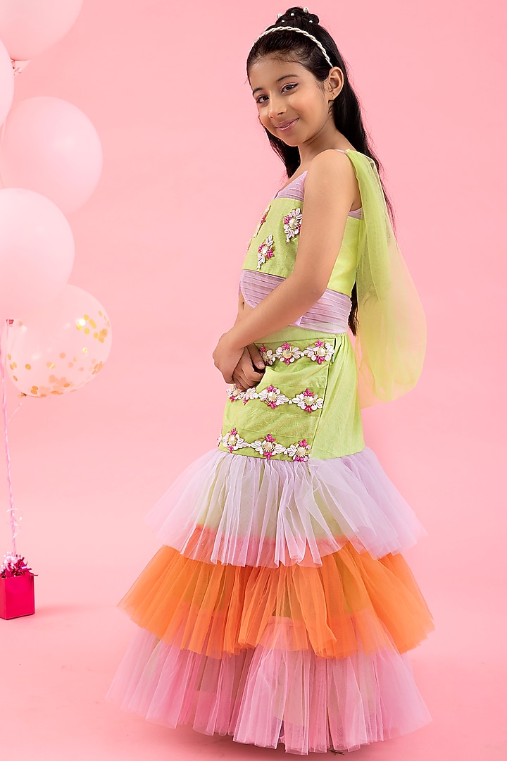 Pink & Green Art Silk & Net Embroidered Lehenga Set For Girls by Kirti Agarwal Pret n Couture at Pernia's Pop Up Shop