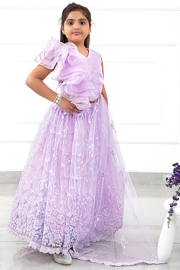 Lavender Net Embroidered Lehenga Set For Girls by Kirti Agarwal Pret n Couture