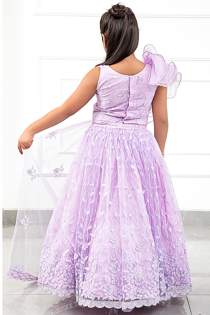 Lavender Net Embroidered Lehenga Set For Girls by Kirti Agarwal Pret n Couture at Pernia's Pop Up Shop