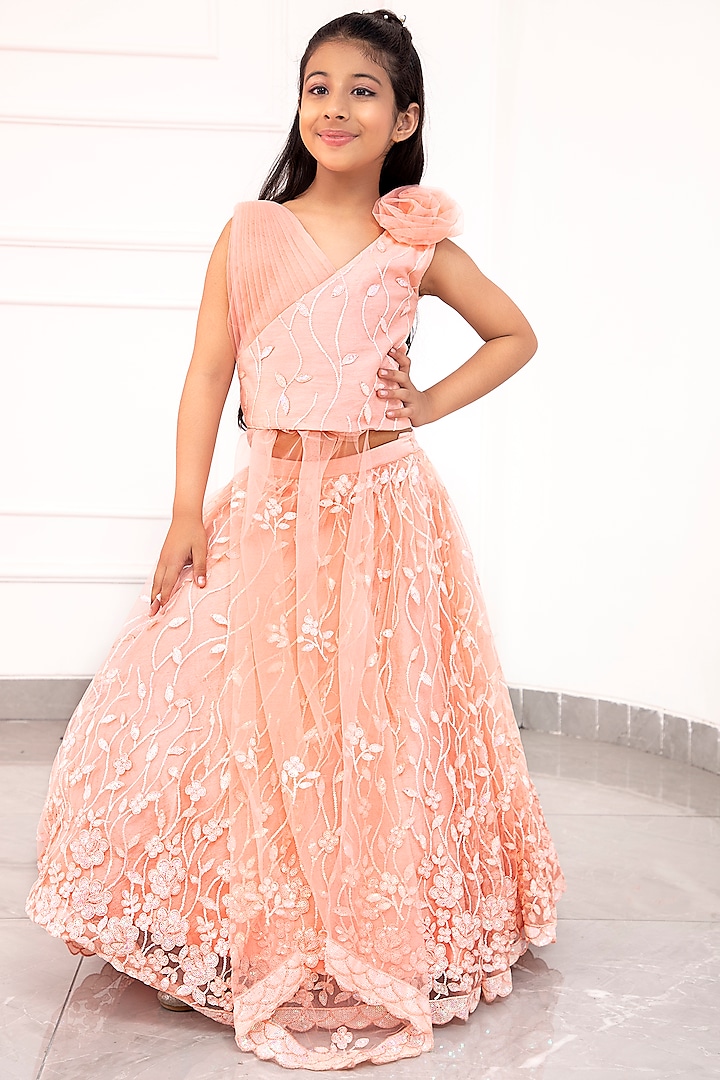 Peach Net Embroidered Lehenga Set For Girls by Kirti Agarwal Pret n Couture
