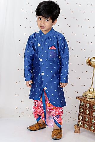 Pink Modal Satin & Chanderi Printed Dhoti Set For Boys by Kirti Agarwal Pret n Couture