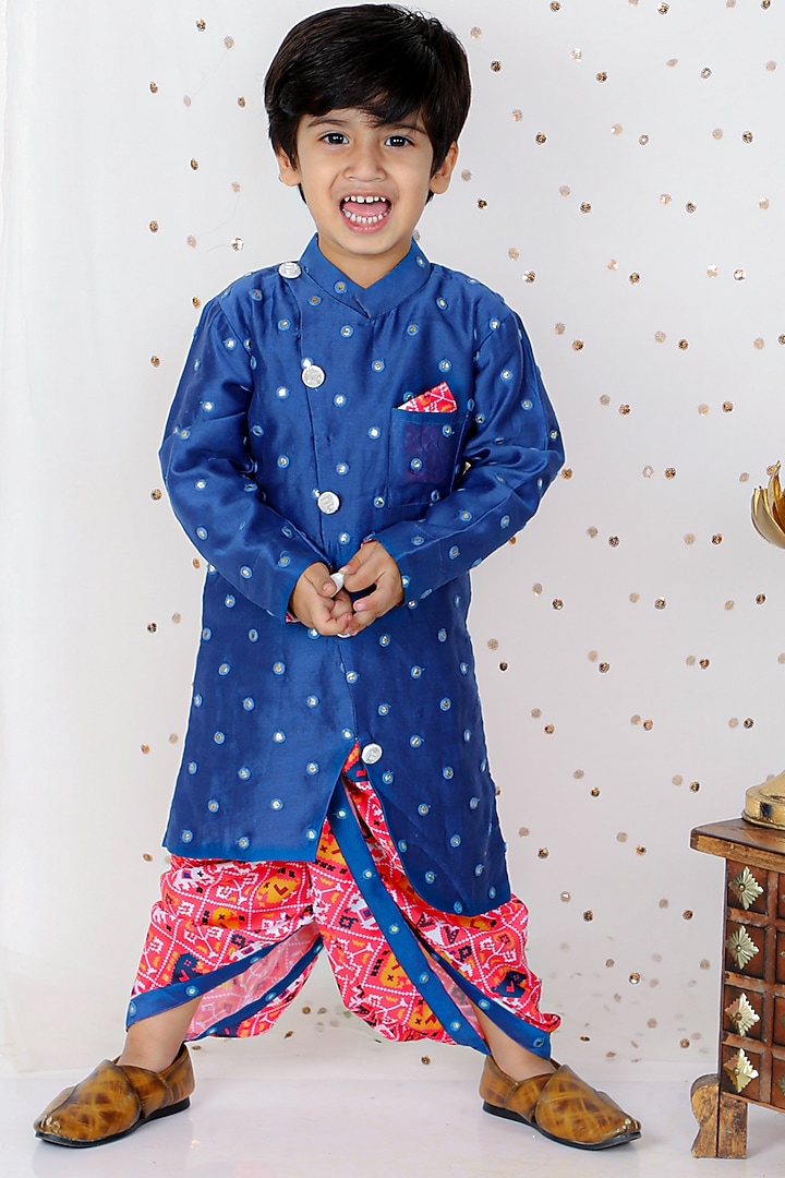 Pink Modal Satin & Chanderi Printed Dhoti Set For Boys by Kirti Agarwal Pret n Couture at Pernia's Pop Up Shop