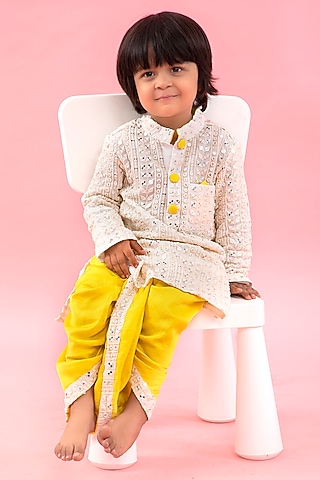 Yellow Georgette Embroidered Dhoti Set For Boys by Kirti Agarwal Pret n Couture