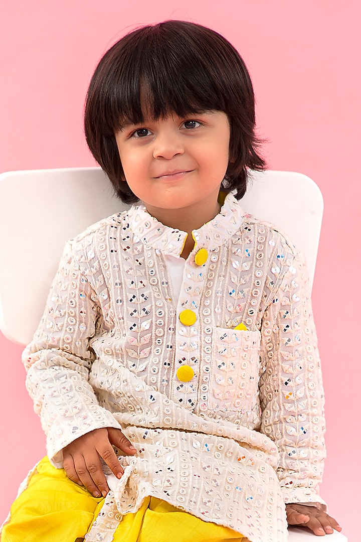 Yellow Georgette Embroidered Dhoti Set For Boys by Kirti Agarwal Pret n Couture at Pernia's Pop Up Shop