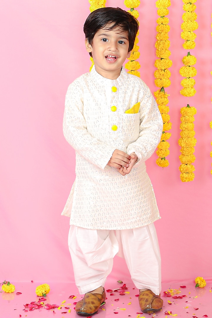 White Georgette & Cotton Silk Embroidered Kurta Set For Boys by  Kirti Agarwal Pret n Couture