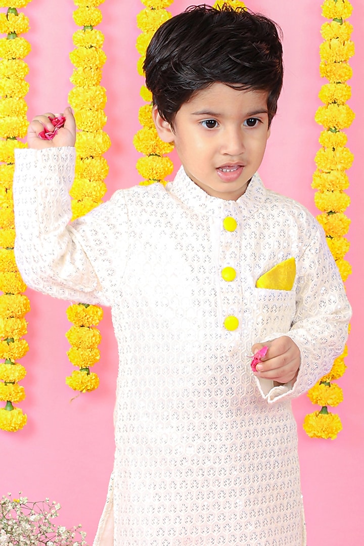 White Georgette & Cotton Silk Embroidered Kurta Set For Boys by Kirti Agarwal Pret n Couture at Pernia's Pop Up Shop