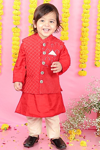 Red Silk & Cotton Silk Embroidered Jacket With Kurta Set For Boys by Kirti Agarwal Pret n Couture