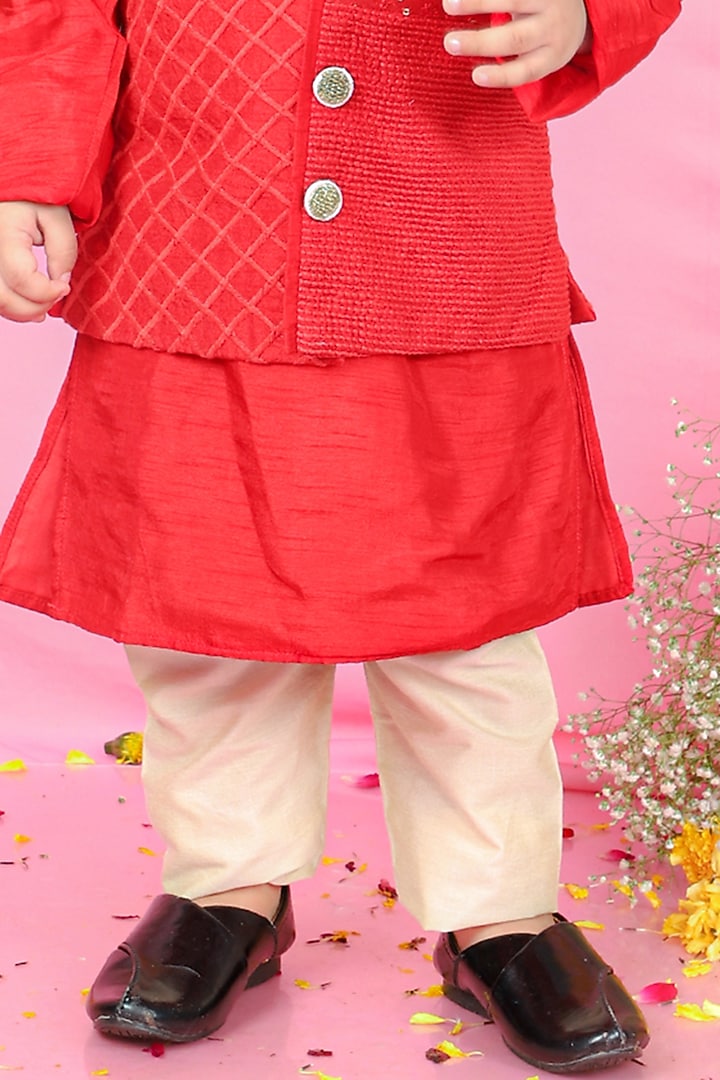 Red Silk & Cotton Silk Embroidered Jacket With Kurta Set For Boys by Kirti Agarwal Pret n Couture at Pernia's Pop Up Shop