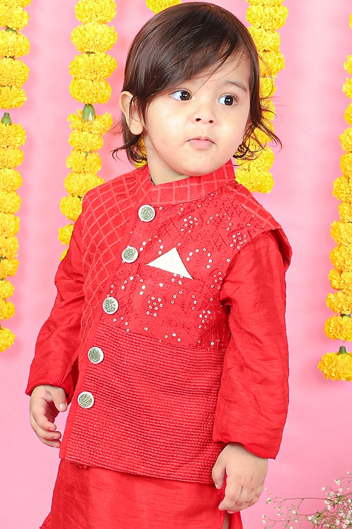 Red Silk & Cotton Silk Embroidered Jacket With Kurta Set For Boys by Kirti Agarwal Pret n Couture at Pernia's Pop Up Shop