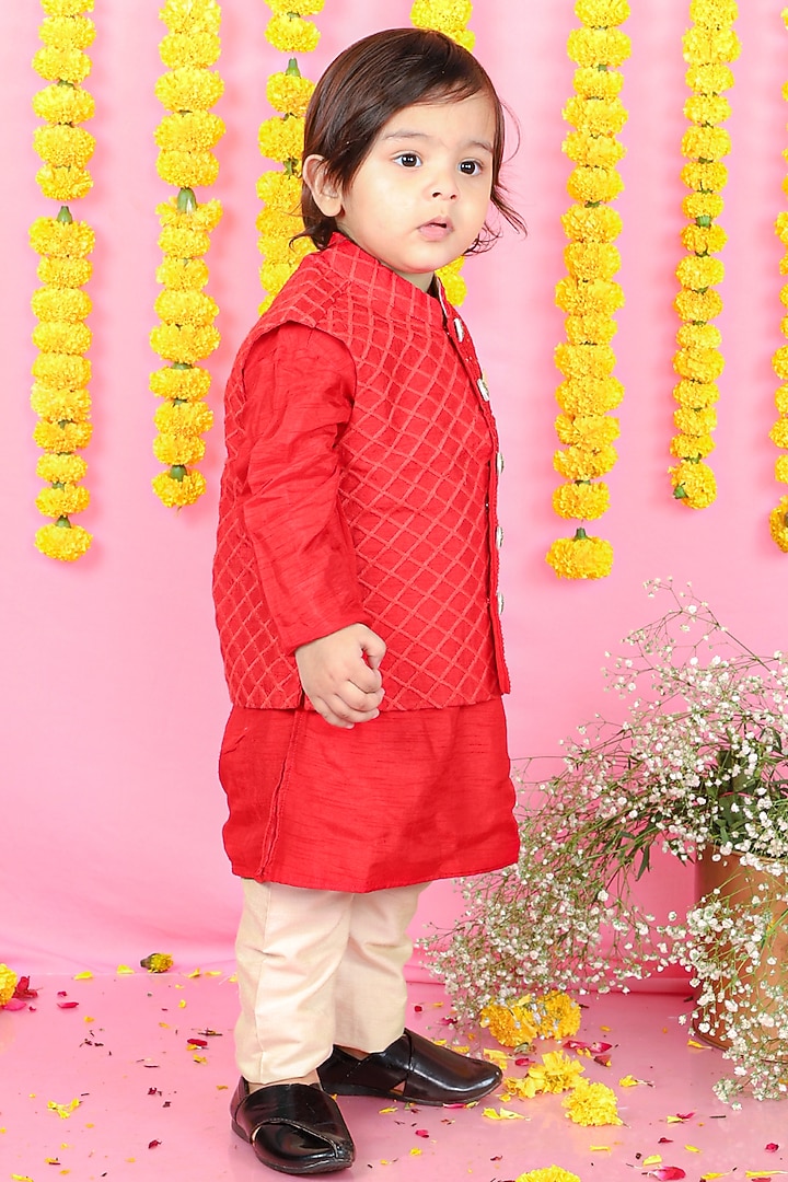 Red Silk & Cotton Silk Embroidered Jacket With Kurta Set For Boys by Kirti Agarwal Pret n Couture at Pernia's Pop Up Shop