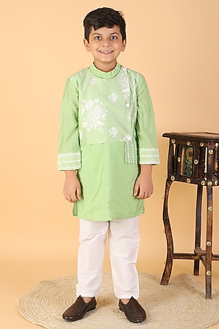 Green Chanderi Silk & Cotton Silk Embroidered Kurta Set For Boys by Kirti Agarwal Pret n Couture