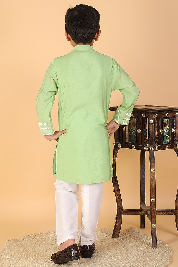 Green Chanderi Silk & Cotton Silk Embroidered Kurta Set For Boys by Kirti Agarwal Pret n Couture at Pernia's Pop Up Shop
