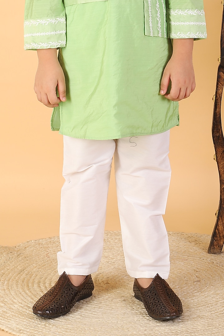 Green Chanderi Silk & Cotton Silk Embroidered Kurta Set For Boys by Kirti Agarwal Pret n Couture at Pernia's Pop Up Shop