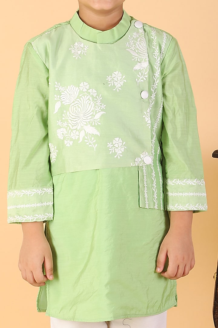 Green Chanderi Silk & Cotton Silk Embroidered Kurta Set For Boys by Kirti Agarwal Pret n Couture at Pernia's Pop Up Shop