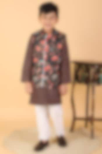 Black Dola Silk & Cotton Silk Floral Printed Jacket With Kurta Set For Boys by  Kirti Agarwal Pret n Couture