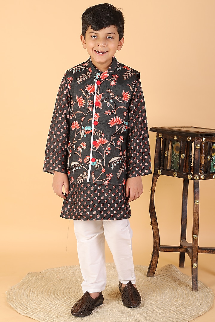 Black Dola Silk & Cotton Silk Floral Printed Jacket With Kurta Set For Boys by  Kirti Agarwal Pret n Couture