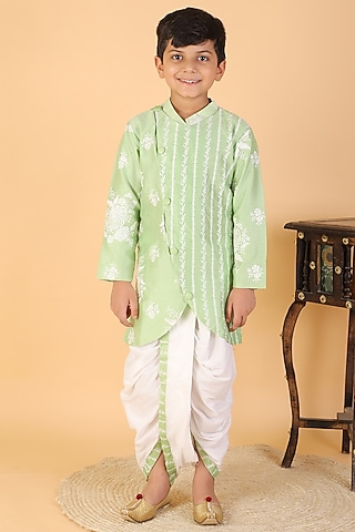 White Chanderi Silk & Cotton Silk Embroidered Dhoti Set For Boys by Kirti Agarwal Pret n Couture