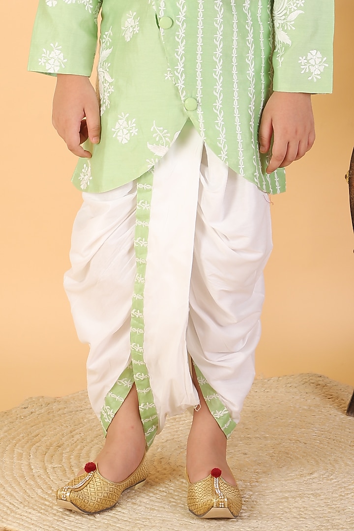 White Chanderi Silk & Cotton Silk Embroidered Dhoti Set For Boys by Kirti Agarwal Pret n Couture at Pernia's Pop Up Shop