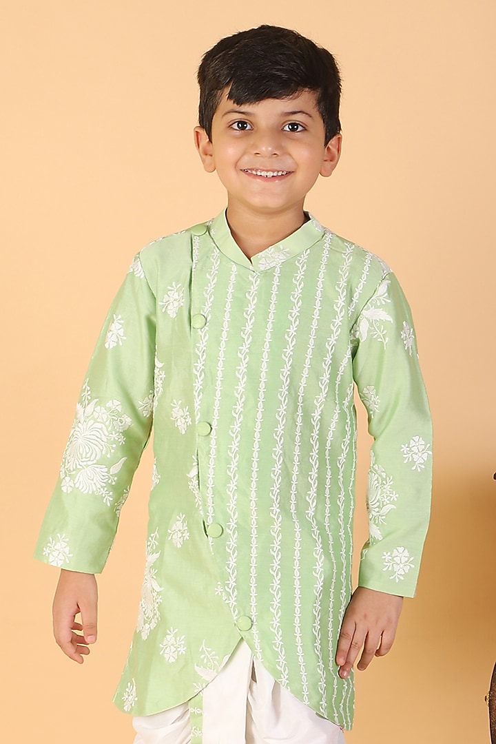 White Chanderi Silk & Cotton Silk Embroidered Dhoti Set For Boys by Kirti Agarwal Pret n Couture at Pernia's Pop Up Shop