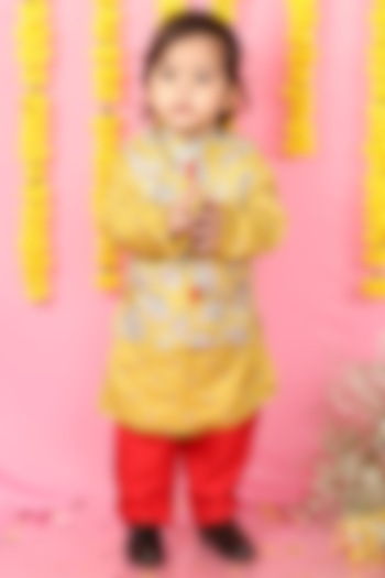 Yellow Dola Silk & Cotton Silk Floral Printed Jacket With Kurta Set For Boys by  Kirti Agarwal Pret n Couture