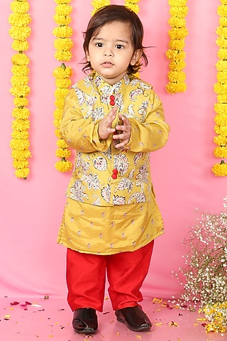 Yellow Dola Silk & Cotton Silk Floral Printed Jacket With Kurta Set For Boys by Kirti Agarwal Pret n Couture