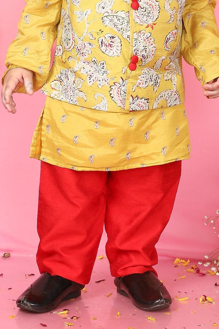 Yellow Dola Silk & Cotton Silk Floral Printed Jacket With Kurta Set For Boys by Kirti Agarwal Pret n Couture at Pernia's Pop Up Shop
