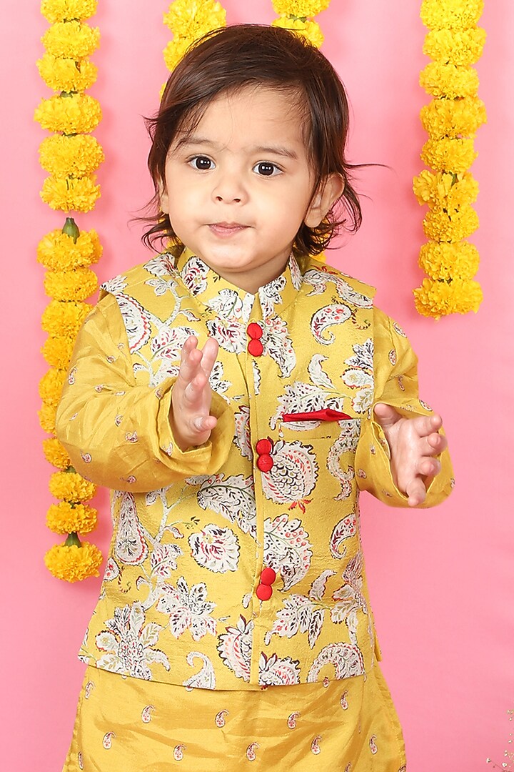 Yellow Dola Silk & Cotton Silk Floral Printed Jacket With Kurta Set For Boys by Kirti Agarwal Pret n Couture at Pernia's Pop Up Shop