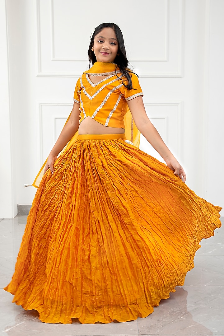Mustard Yellow Chanderi Crushed Lehenga Set For Girls by Kirti Agarwal Pret n Couture at Pernia's Pop Up Shop