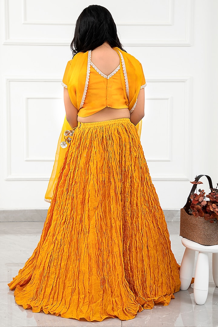 Mustard Yellow Chanderi Crushed Lehenga Set For Girls by Kirti Agarwal Pret n Couture at Pernia's Pop Up Shop