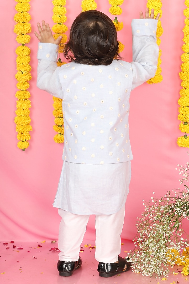 Blue Linen Embroidered Jacket With Kurta Set For Boys by Kirti Agarwal Pret n Couture at Pernia's Pop Up Shop