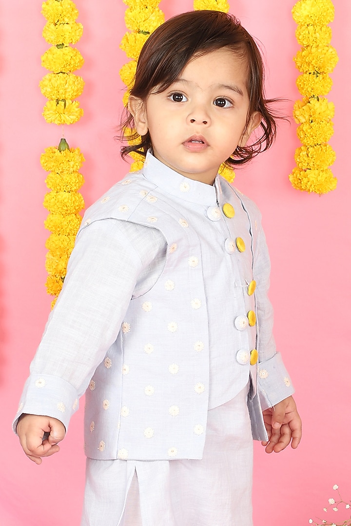 Blue Linen Embroidered Jacket With Kurta Set For Boys by Kirti Agarwal Pret n Couture at Pernia's Pop Up Shop
