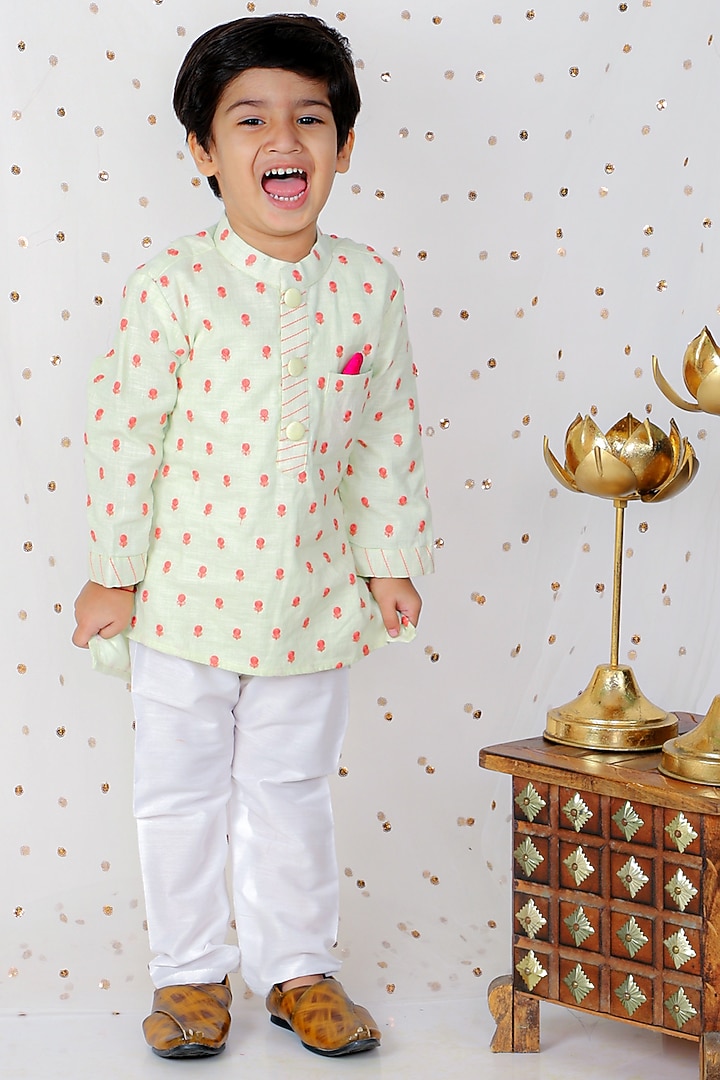 Beige Linen Embroidered Kurta Set For Boys by Kirti Agarwal Pret n Couture at Pernia's Pop Up Shop