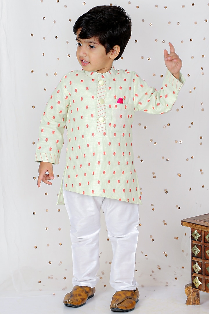 Beige Linen Embroidered Kurta Set For Boys by Kirti Agarwal Pret n Couture at Pernia's Pop Up Shop