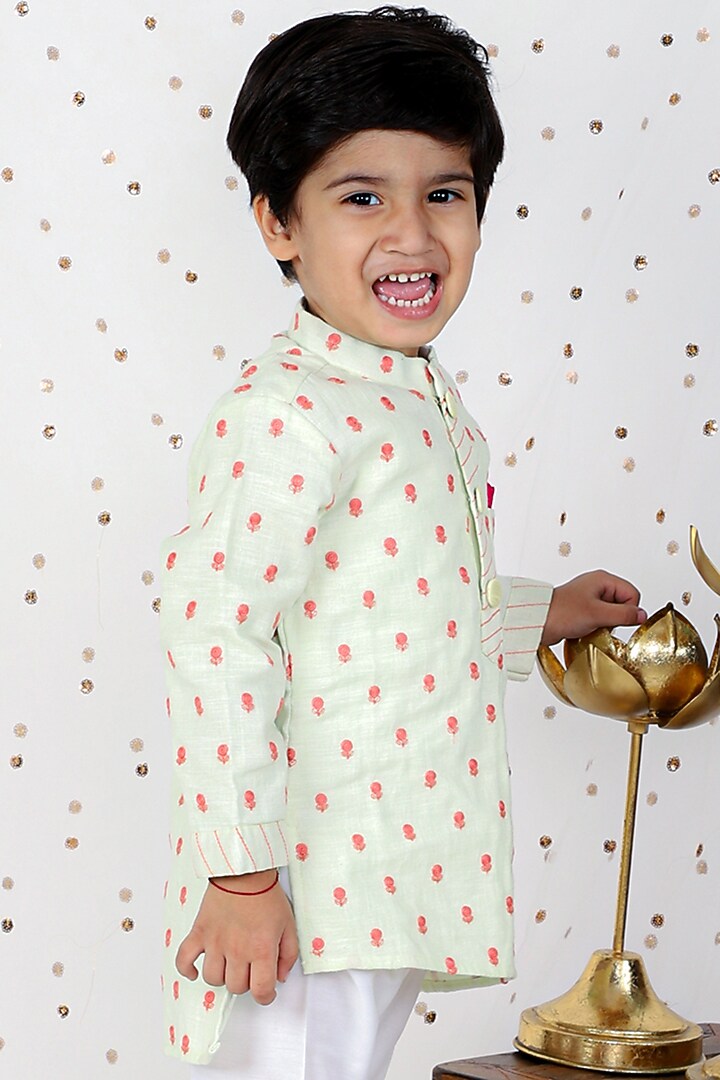 Beige Linen Embroidered Kurta Set For Boys by Kirti Agarwal Pret n Couture at Pernia's Pop Up Shop
