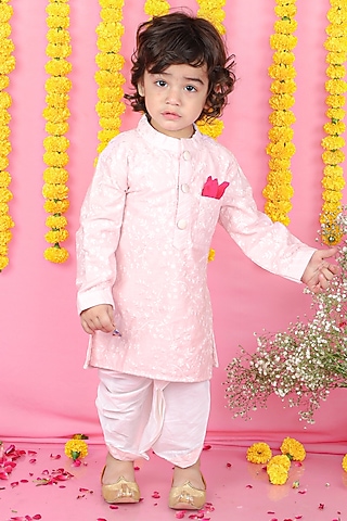 White Chanderi Silk & Cotton Chanderi Dhoti Set For Boys by Kirti Agarwal Pret n Couture