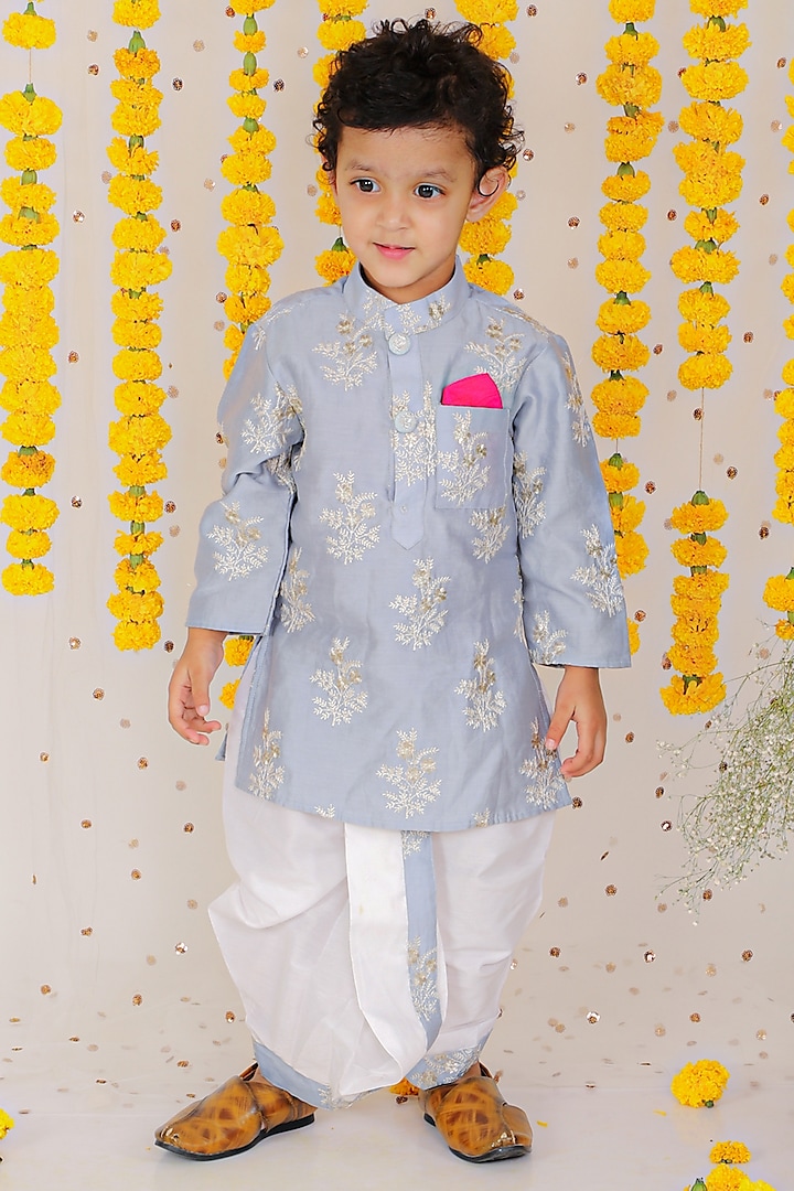 White Chanderi Silk & Cotton Chanderi Dhoti Set For Boys by  Kirti Agarwal Pret n Couture